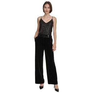 Calvin Klein Women's Trendy Velvet High-Rise Wide-Leg Pants Trouser Black 8